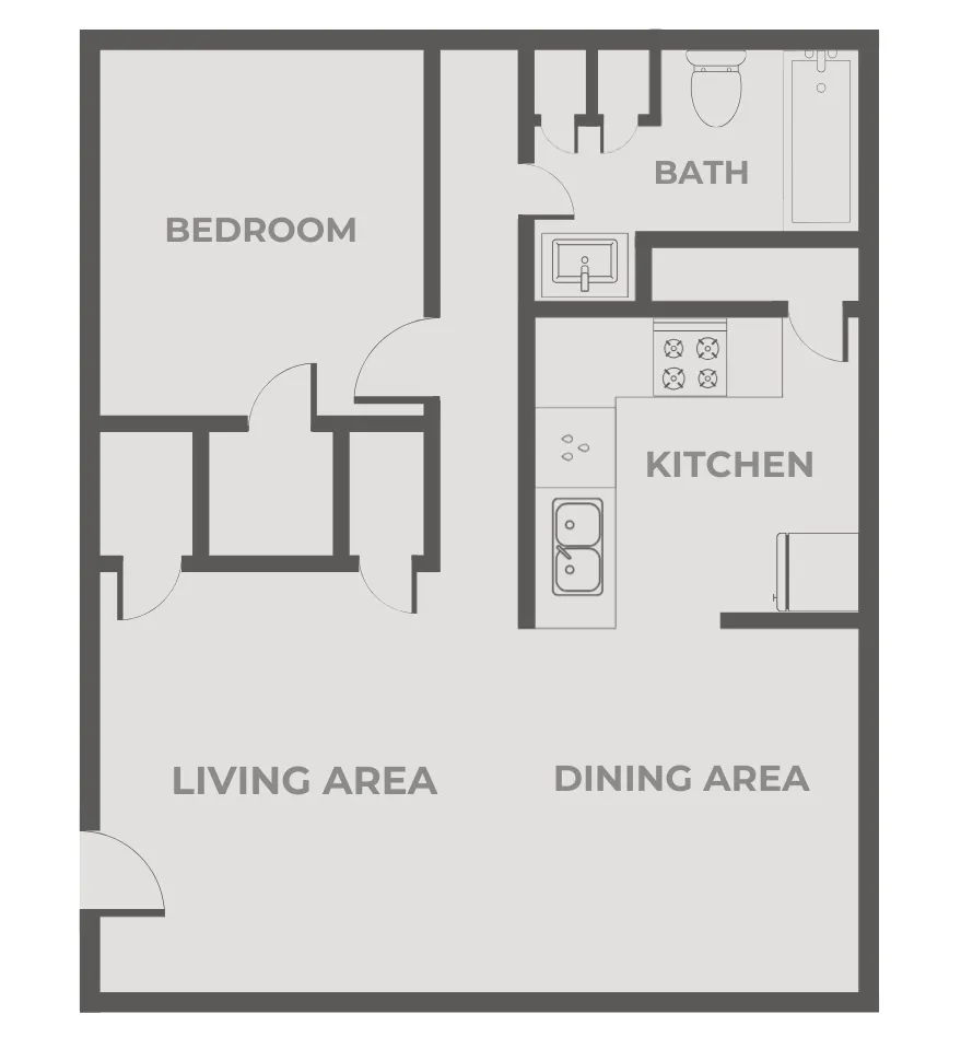 1-bedroom apartment floor plan with bedroom, bathroom, kitchen, open living and dining area, and interior closets near entry.