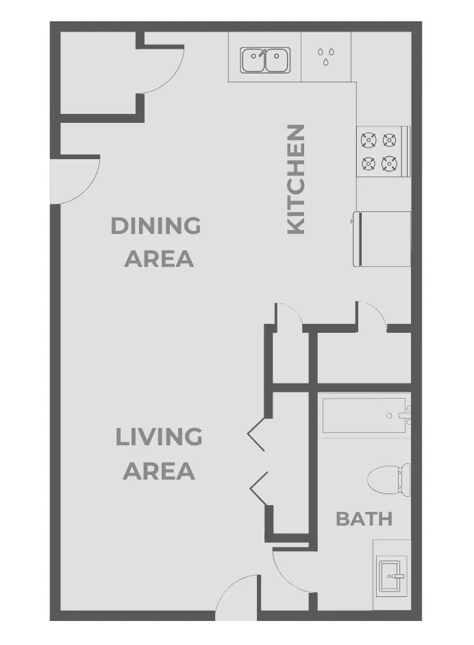 Studio apartment floor plan with open living and dining area, adjacent kitchen, full bathroom, entry closet, and additional storage space.