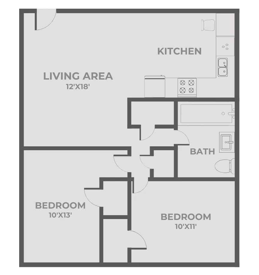 2-bedroom apartment floor plan with open living area, adjoining kitchen, one full bathroom, two bedrooms with closets, and central hallway access.
