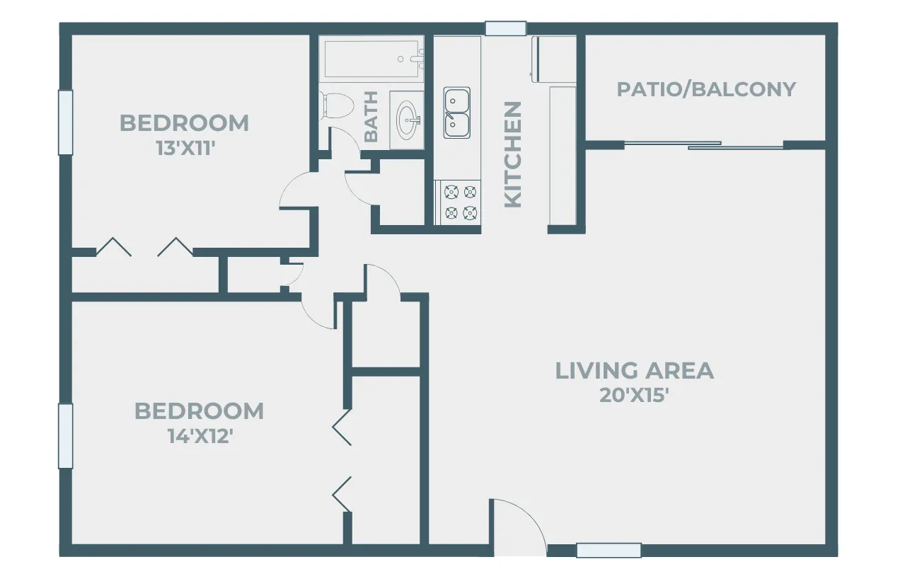 Two-bedroom, one-bathroom Hillcrest 90 apartment floor plan with kitchen, large living area (20x15), two bedrooms (13x11 and 14x12), bathroom, multiple closets, and private patio or balcony.