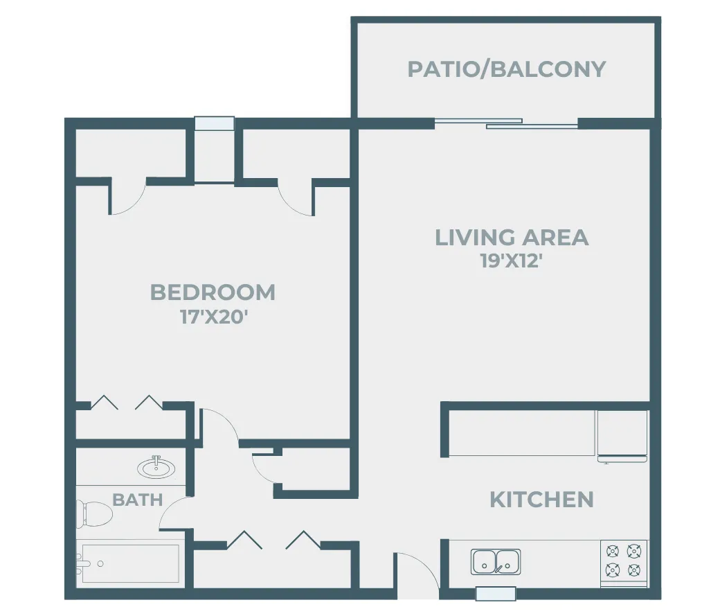 One-bedroom, one-bathroom Hillcrest 90 apartment floor plan with kitchen, large living area (19x12), spacious bedroom (17x20), bathroom, multiple closets, and private patio or balcony.
