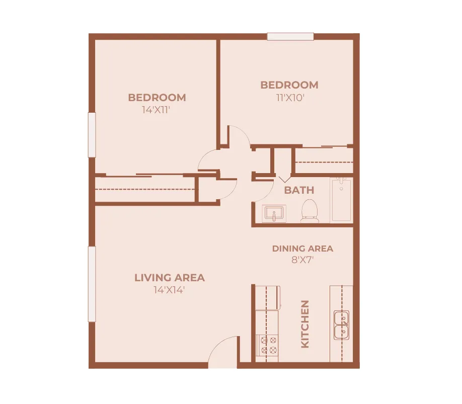 Two-bedroom apartment layout with a 14x11 and 11x10 bedroom, shared full bathroom, spacious living area (14x14), dining area, kitchen, and multiple storage closets.