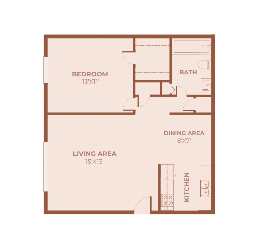 One-bedroom apartment layout featuring a 13x11 bedroom, full bathroom, open living area (15x13), dining space, and galley-style kitchen with nearby storage closets.