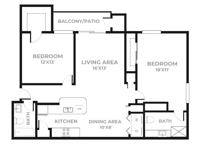 Two bedroom apartment floor plan featuring a central living area measuring 16 by 13 feet with access to a balcony or patio, a kitchen with island and adjacent dining area measuring 10 by 8 feet, two bathrooms, and two bedrooms sized 12 by 12 feet and 18 by 11 feet, along with in unit storage and laundry space.