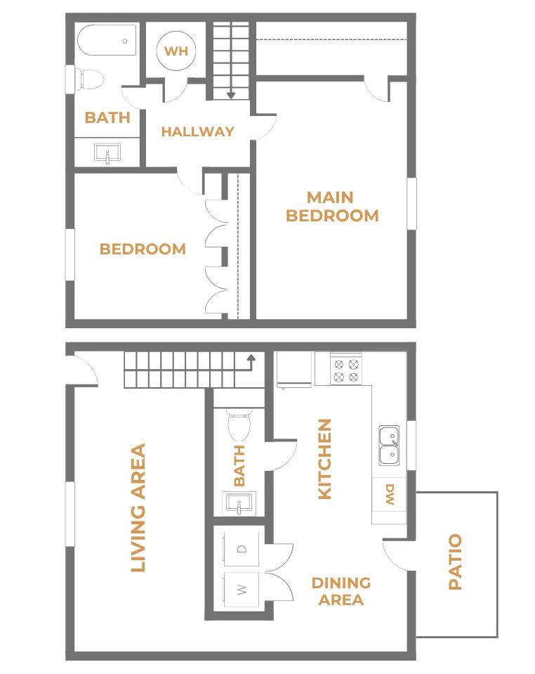 Two bedroom one and a half bathroom townhome floor plan with main bedroom and second bedroom upstairs, full bathroom and hallway closet, and downstairs living area, kitchen with dishwasher, dining area, half bath, in unit washer and dryer, and private patio access.