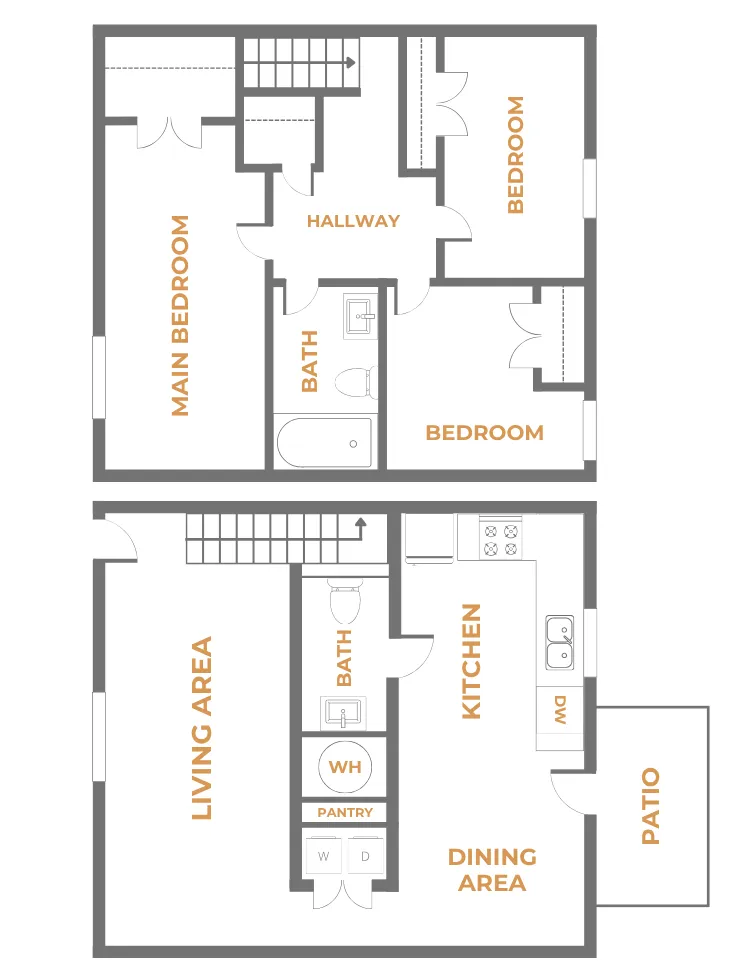 Three bedroom one and a half bathroom townhome floor plan with main bedroom and two additional bedrooms upstairs, full bathroom and hallway, and downstairs living area, kitchen with dishwasher, dining area, half bath, pantry, in unit washer and dryer, and private patio access.
