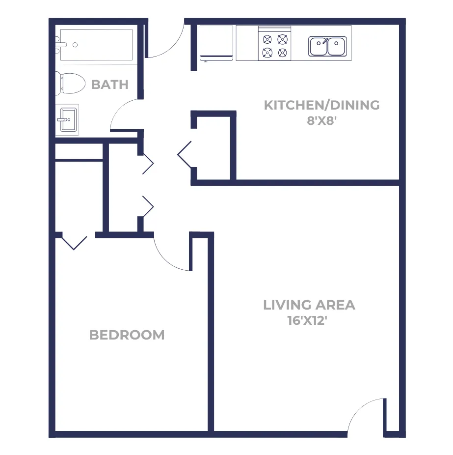 One bedroom one bathroom apartment floor plan with 8 by 8 kitchen and dining area, 16 by 12 living room, separate bedroom, closet storage, and full bath layout.