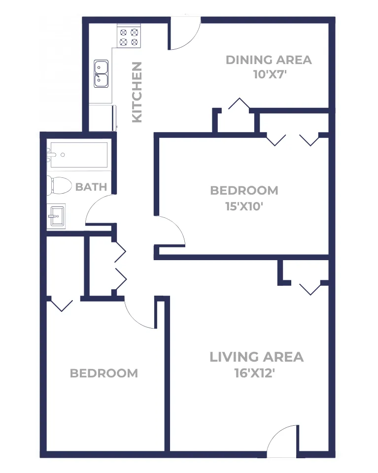 Two bedroom one bathroom apartment floor plan with a 16 by 12 living area, separate dining area measuring 10 by 7, galley style kitchen, two bedrooms including one at 15 by 10, closet storage, and a full bath layout.