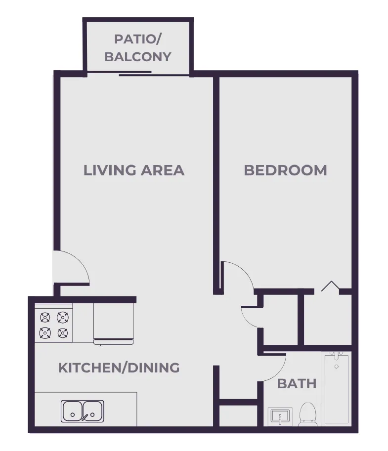 Modern floor plan featuring a spacious living area, cozy bedroom, and functional kitchen/dining space with patio access.