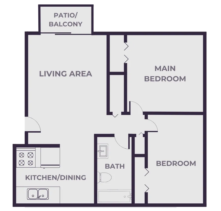 Inviting floor plan showcasing a spacious living area, patio balcony, and a well-equipped kitchen for optimal comfort.
