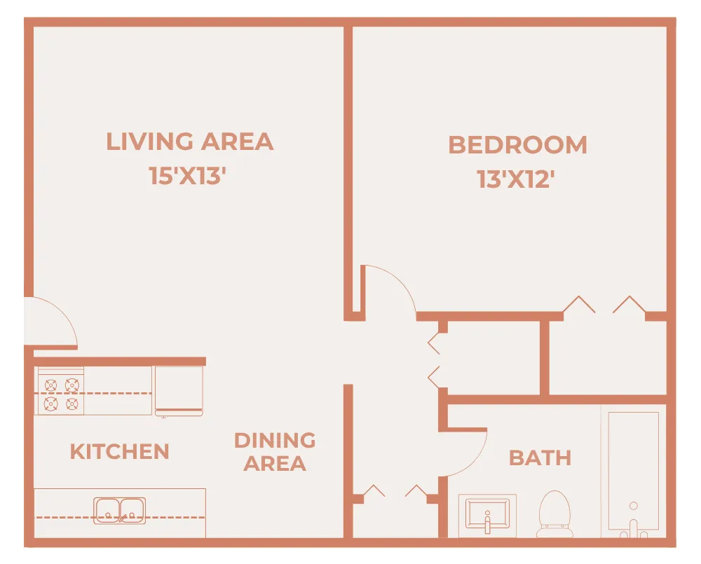 One bedroom, one bathroom El Chaparral floor plan with a 15 by 13 living area, 13 by 12 bedroom, kitchen, dining area, bath, and closet space.