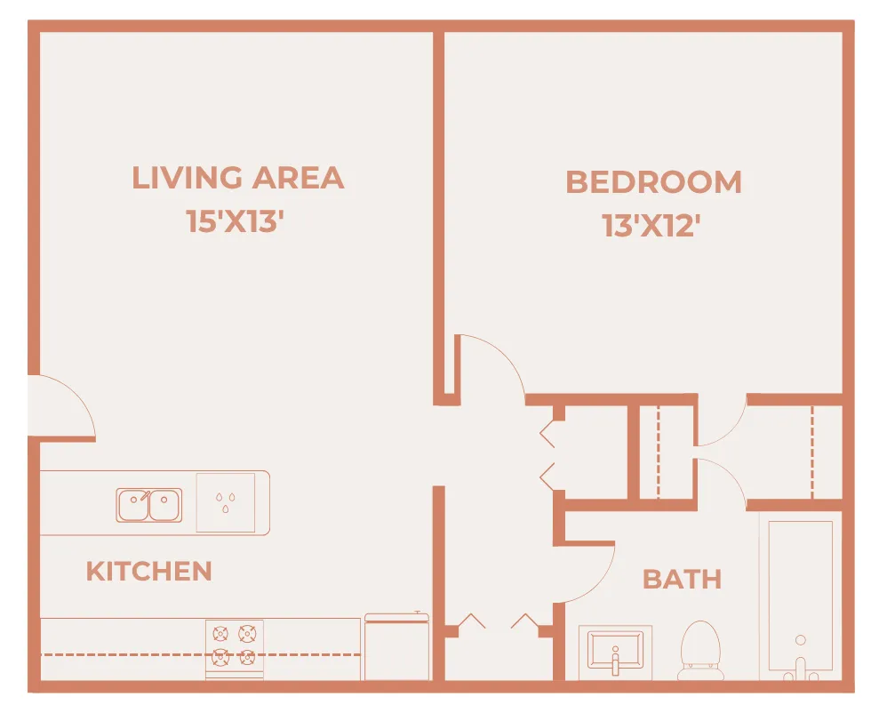 One bedroom, one bathroom El Chaparral floor plan with a 15 by 13 living area, 13 by 12 bedroom, kitchen, bath, and closet space.