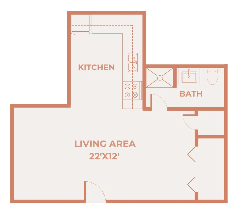 Studio El Chaparral floor plan with a 22 by 12 living area, kitchen, bathroom, entry closet, and open studio layout.