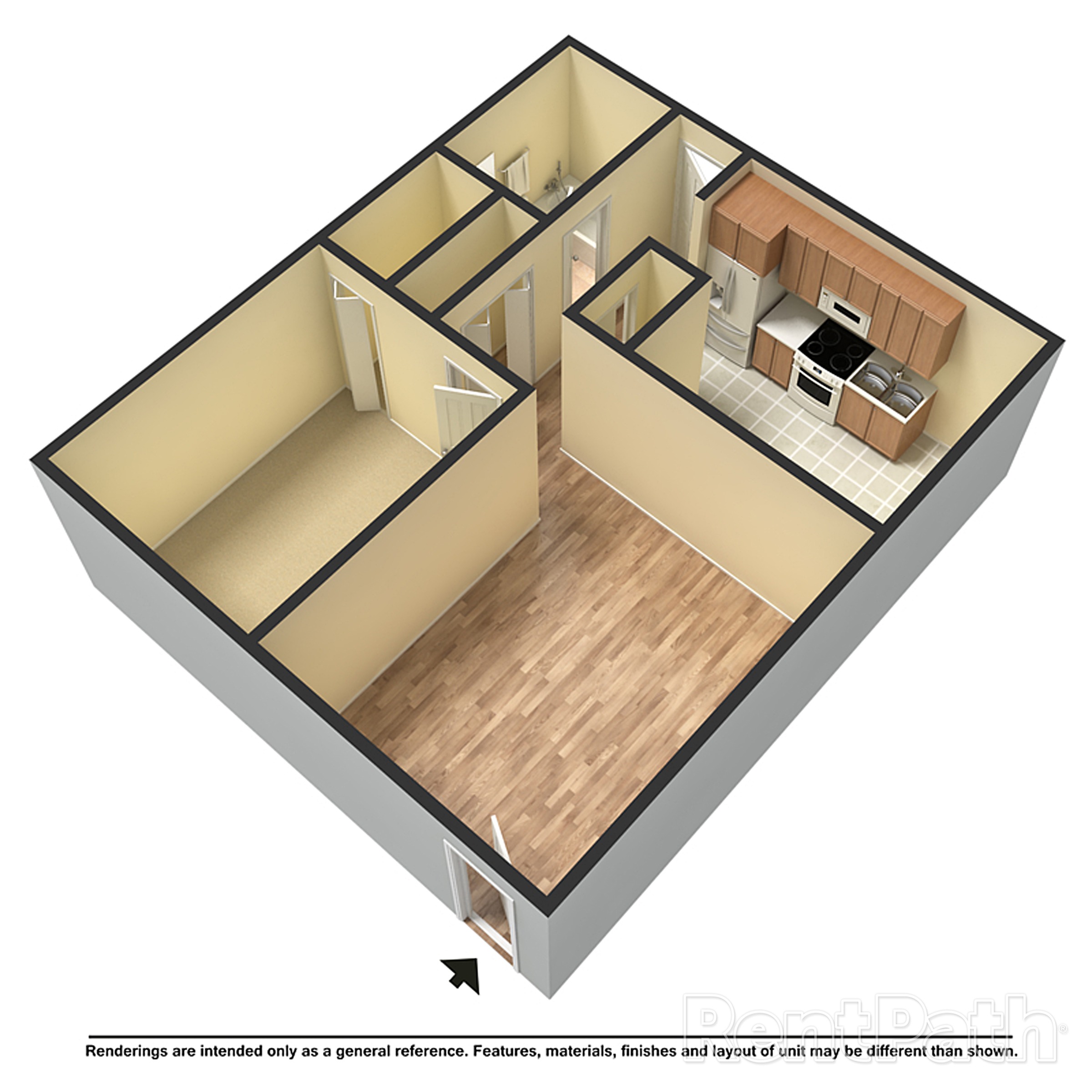 Village Club 1 Bedroom 1 bath 3D Floorplan Unfurnished
