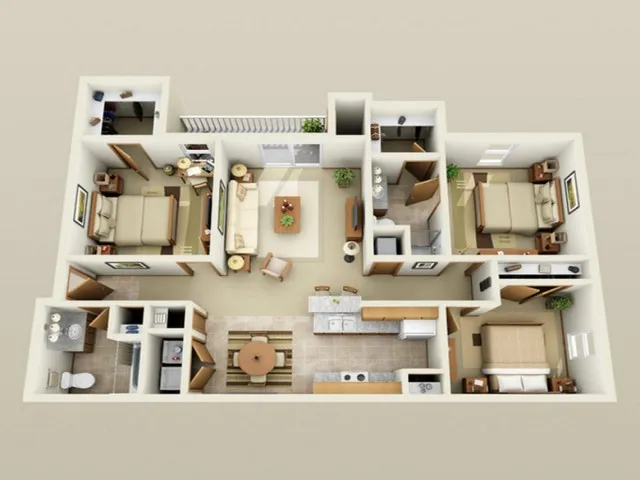 Floor plan of a modern apartment featuring three bedrooms, a living room, kitchen, and two bathrooms. Neutral tones, spacious layout, cozy atmosphere.