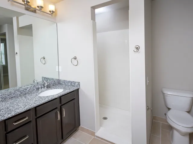 Modern bathroom with granite countertop, dark wood vanity, large mirror, walk-in shower, and a toilet on tiled flooring.