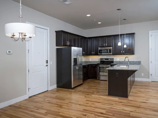 Open kitchen area with stainless steel appliances, granite countertops, dark cabinetry, wood floors, and a view of the entry door.
