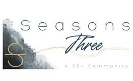 Elegant logo reading 'Seasons Three' in smooth typography, with a subtle watercolor tree silhouette on the left and text, 'A 55+ Community,' below.