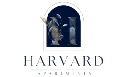 Harvard Apartments logo featuring a stylized letter “H” with botanical accents inside an arched window frame, with elegant serif text reading “Harvard Apartments” below.