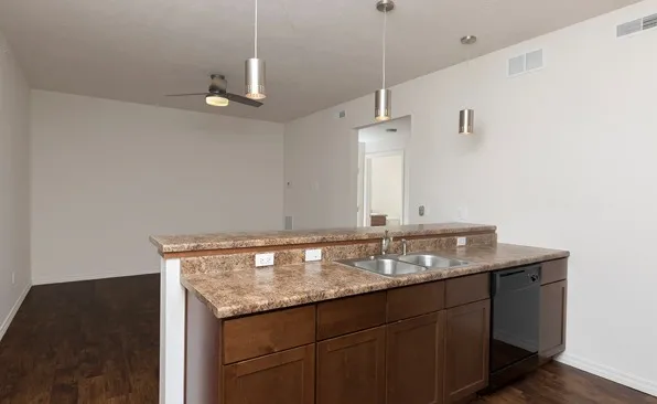 View from behind the kitchen island showing double sink, pendant lights, and open living space.