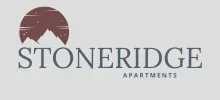Logo for Stoneridge Apartments features stylized mountains under a starry sky within a circular maroon silhouette. Text reads