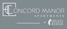 Logo for Concord Manor Apartments at Quail Ridge. The design features a stylized 'C' and 'M' intertwined on the left, with the words 'Concord Manor Apartments' in an elegant, modern font. Below, 'at Quail