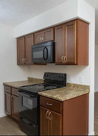 A compact kitchen featuring dark wood cabinetry with silver handles, a black electric stove with coil burners, and a matching black microwave mounted above. The countertops have a speckled brown and beige design, complementing the neutral b
