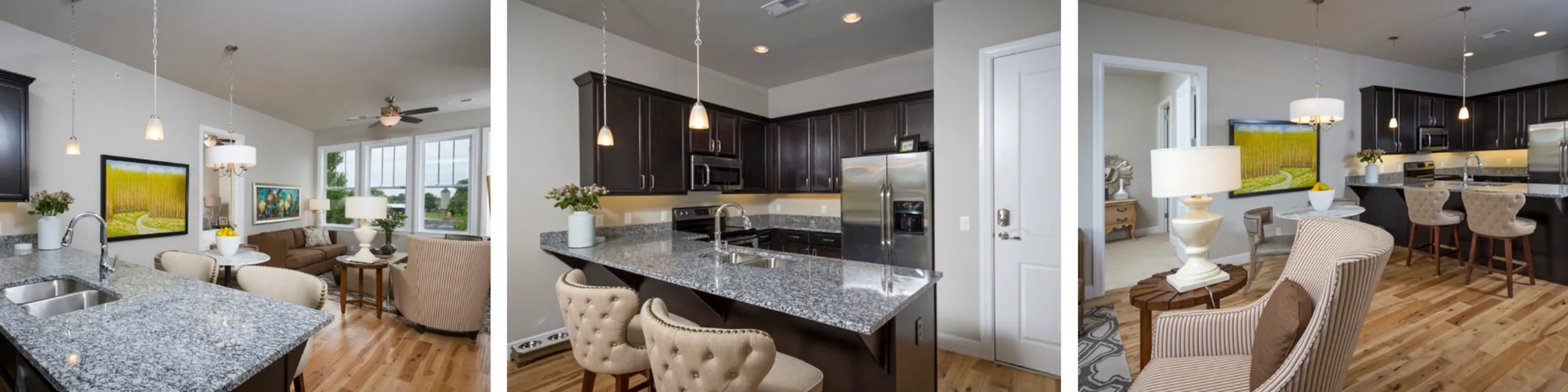 Interior collage of Chesterfield Lofts showcasing a modern open-concept kitchen and living area with granite countertops, dark cabinetry, pendant lighting, and stylish furnishings, highlighting luxury apartment features in Springfield, Miss