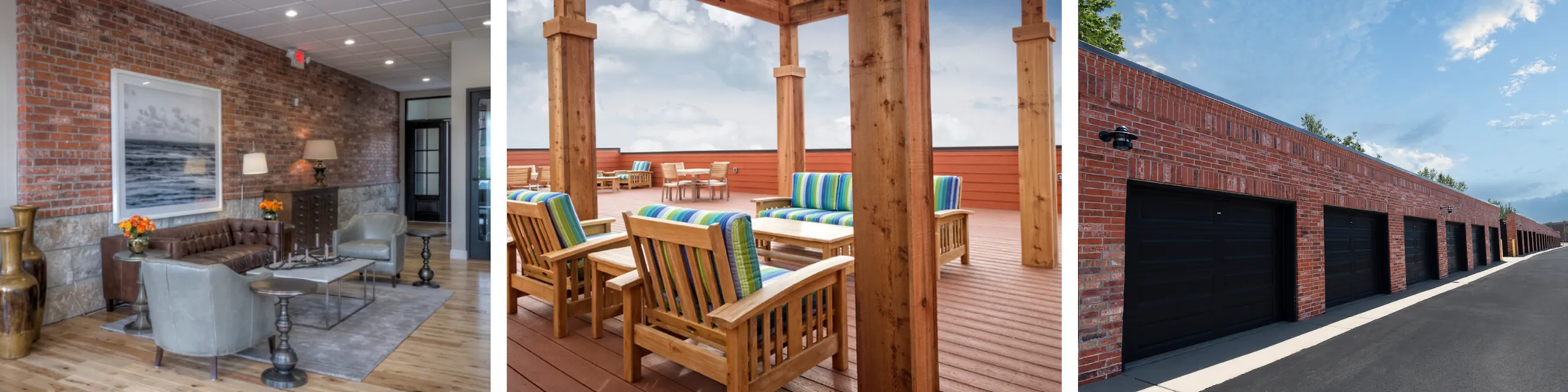 Cozy rooftop seating area under a wooden pergola with cushioned wooden chairs and a coffee table, surrounded by additional tables and chairs.