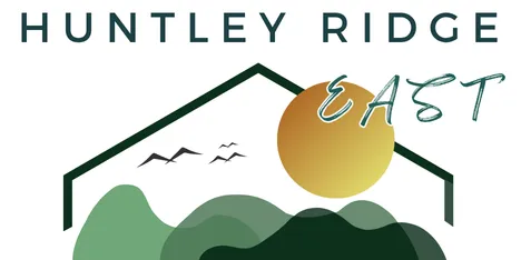 Logo for Huntley Ridge East Apartments in Springfield, MO. The design features a stylized rooftop outline above layered green hills, a golden sun, and two birds in flight. The word "EAST" appears in a handwritten font over the sun