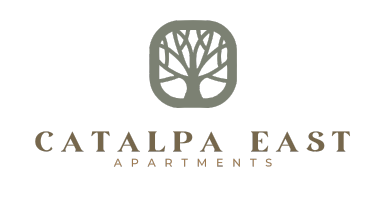 Catalpa East Apartments logo featuring a rounded square emblem with a stylized tree design above the words &lsquo;Catalpa East&rsquo; in elegant serif lettering and &lsquo;Apartments&rsquo; in smaller uppercase text beneath.