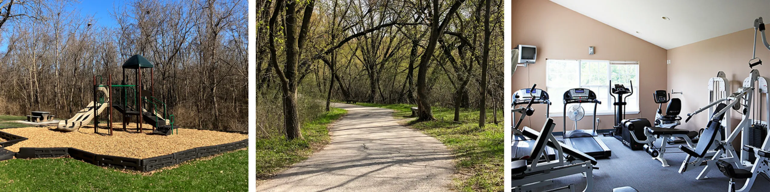 Community amenities at Lakewood Village featuring a playground, a paved walking trail surrounded by trees, and an on-site fitness center with cardio and strength-training equipment.