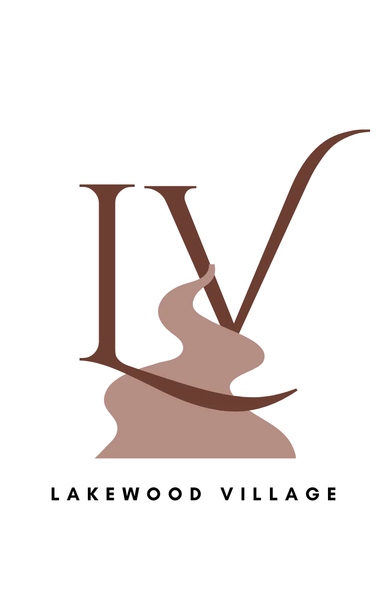 Lakewood Village logo featuring stylized &ldquo;LV&rdquo; lettering with a flowing path design in muted brown tones on a transparent background.