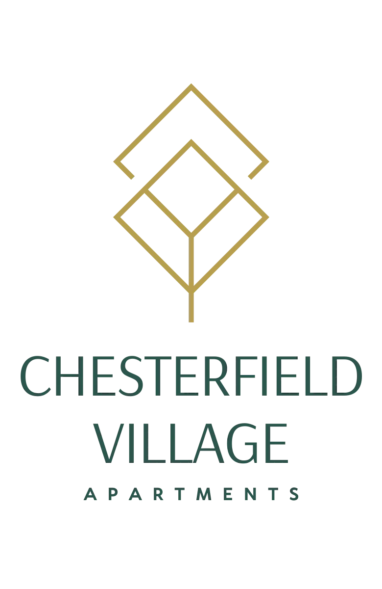 Elegant Chesterfield Village Apartments logo with geometric design in gold, symbolizing modern and luxurious living.