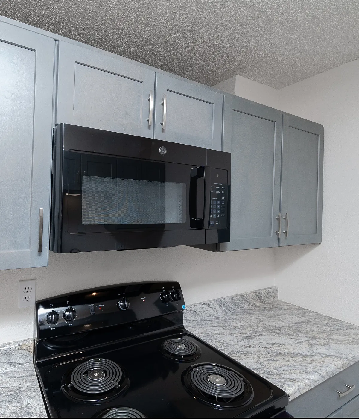 Modern kitchen with sleek black appliances and elegant gray cabinetry, offering a chic and functional cooking space.