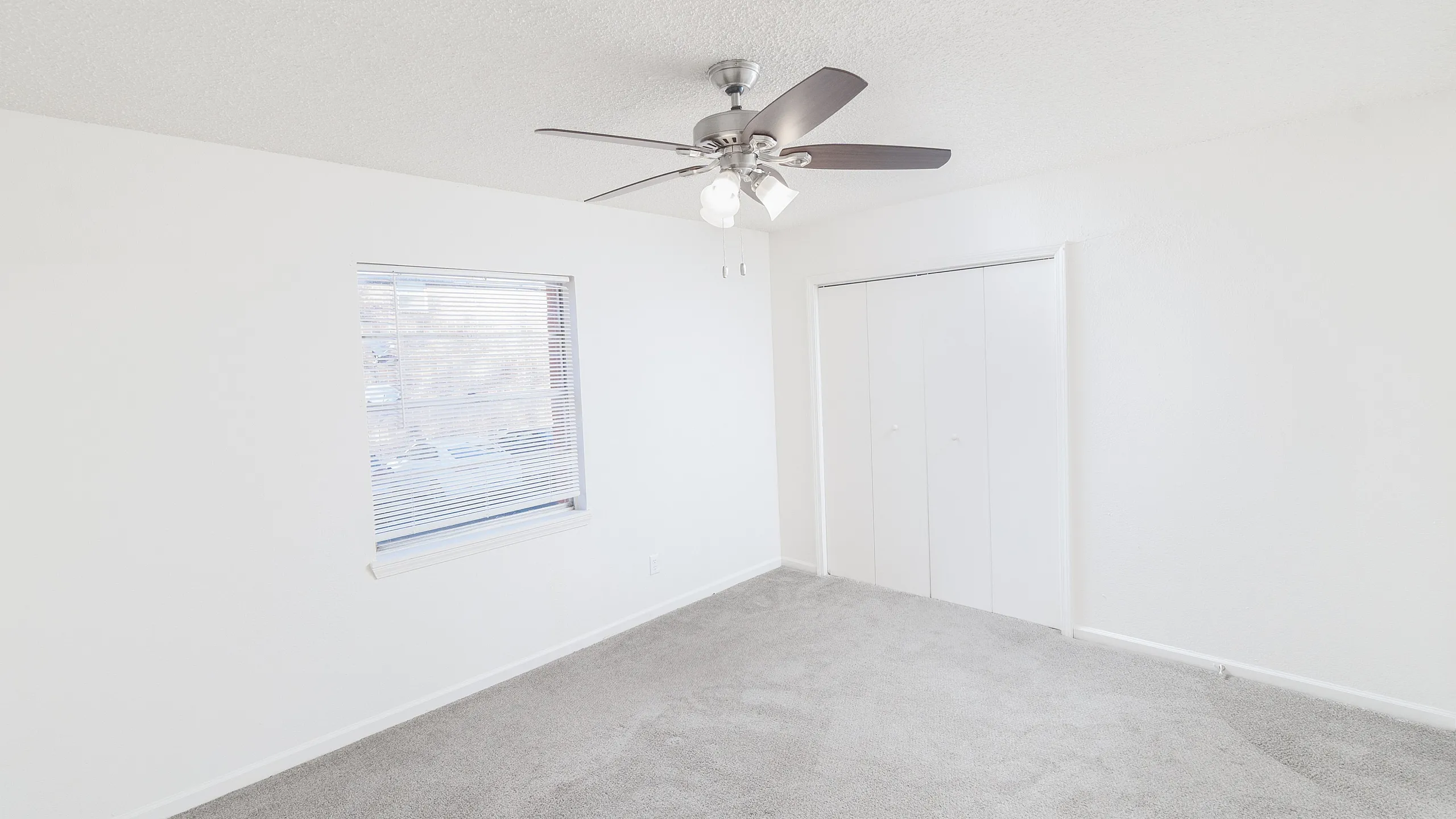 Bright and spacious bedroom with plush carpet, modern ceiling fan, and large closet space.