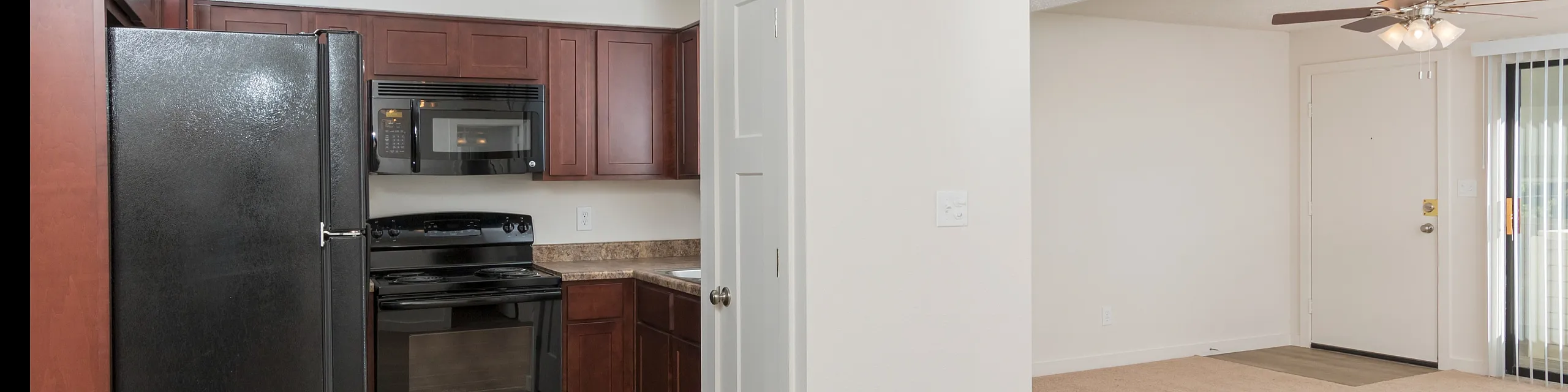 Modern apartment interior featuring an open living space, sleek kitchen with dark wood cabinets, and cozy carpeted area with ample natural light.