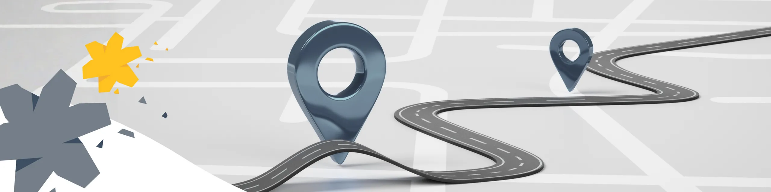 Creative map illustration with sleek 3D location pins and a winding road, highlighting efficient navigation.