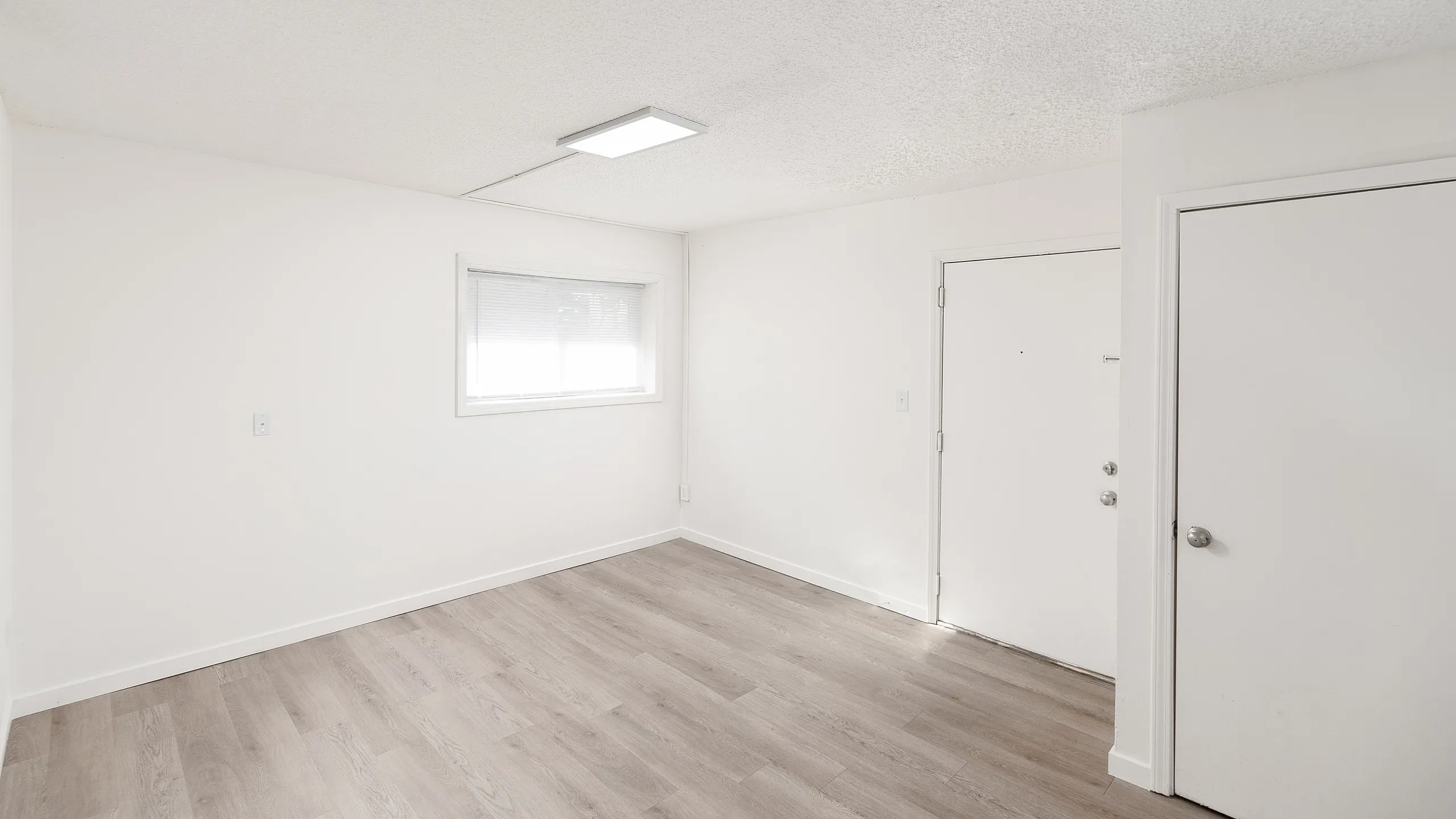 Bright, open space with modern light fixture, fresh white walls, and sleek hardwood floors, perfect for versatile living arrangements.