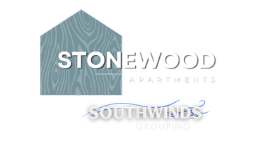 Logo for Stonewood Apartments at Southwinds, featuring stylish wood patterns and elegant typography.