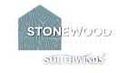 Stonewood Apartments at Southwinds Grouping logo featuring a stylized house icon with a woodgrain pattern and bold lettering.