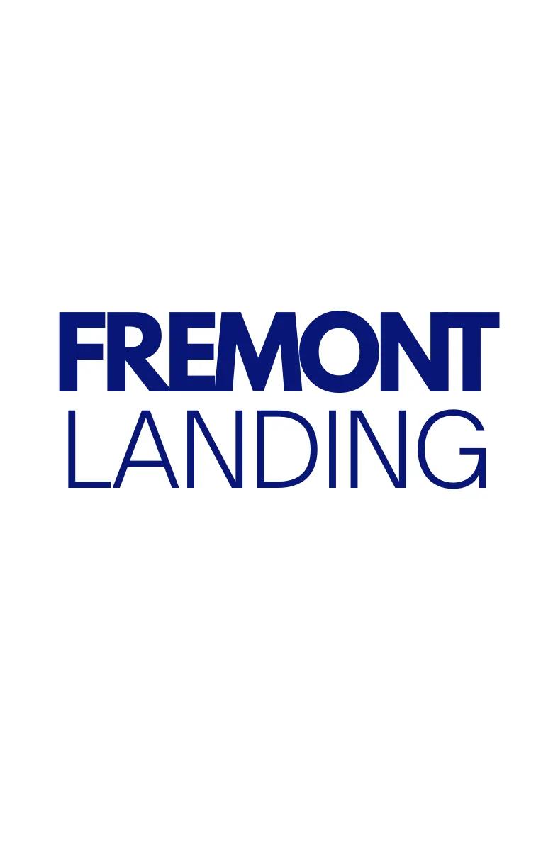 Fremont Landing Apartments logo featuring bold blue and white text, representing modern and stylish living.