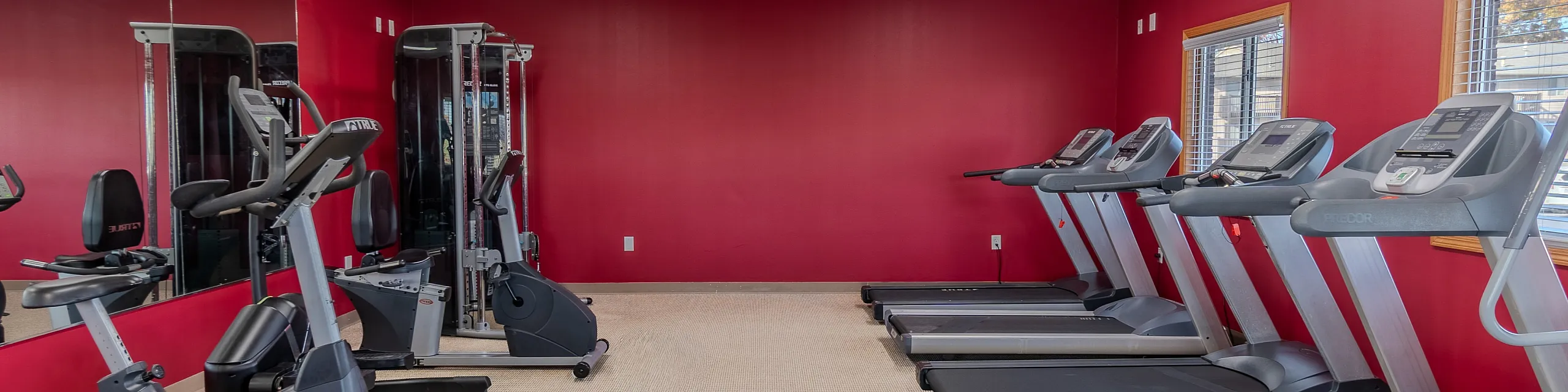 Modern fitness center with vibrant red walls, equipped with cardio machines and weight stations for an energizing workout.