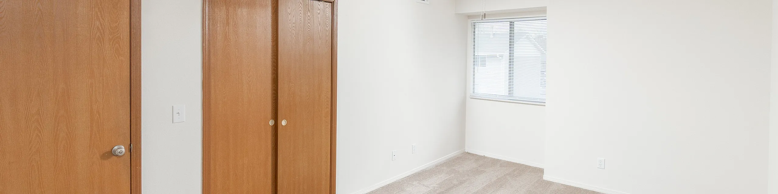 Bright, airy room featuring plush carpet flooring, dual wooden closets, ceiling fan, and a large window for natural light.