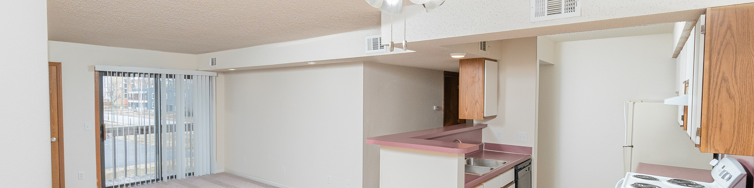 Inviting open-plan apartment with cozy carpeting, a bright kitchen with modern appliances, and a ceiling fan for comfort.