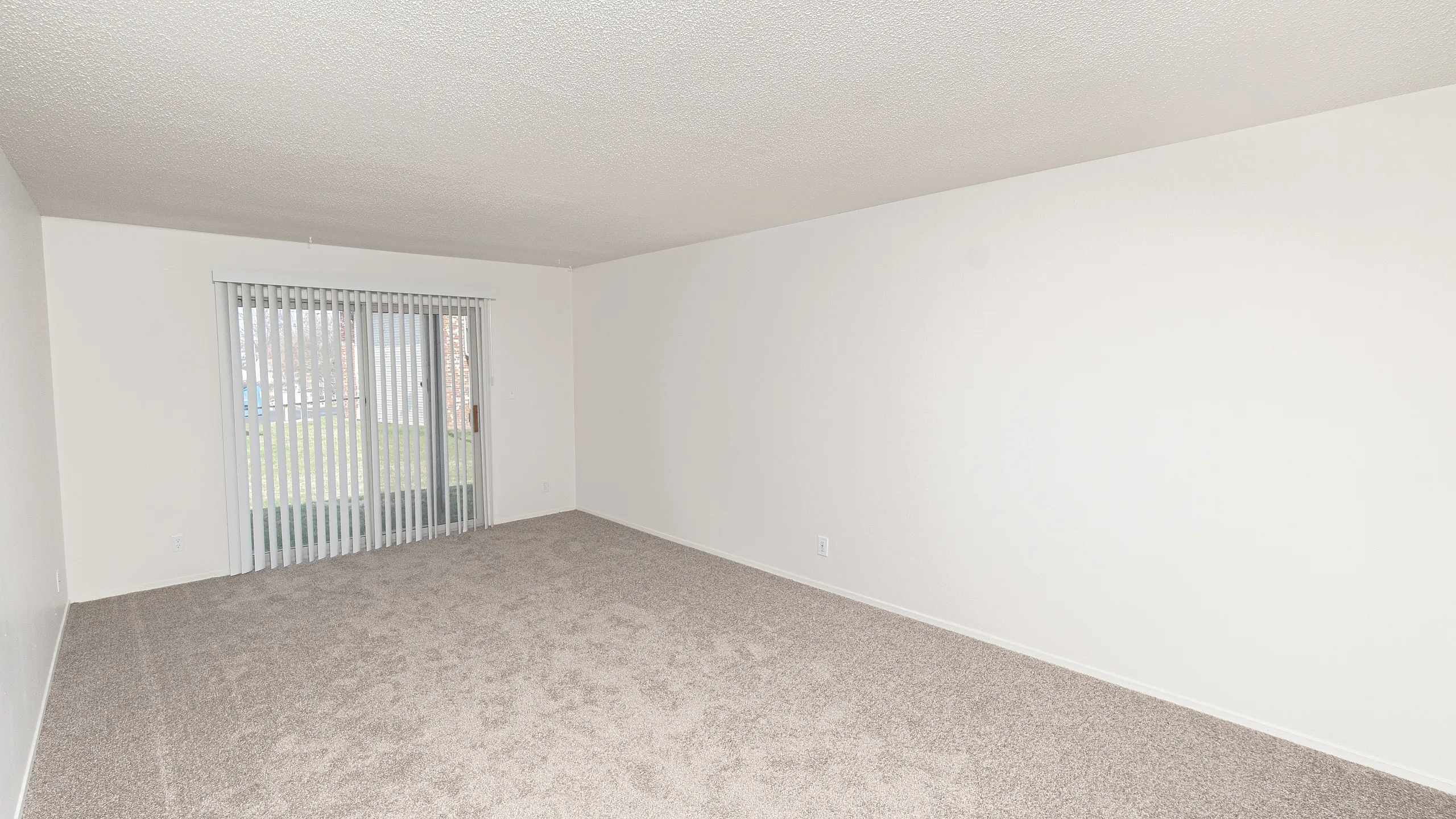 Bright and airy living room with plush carpet flooring and large sliding glass doors opening to a green outdoor space.
