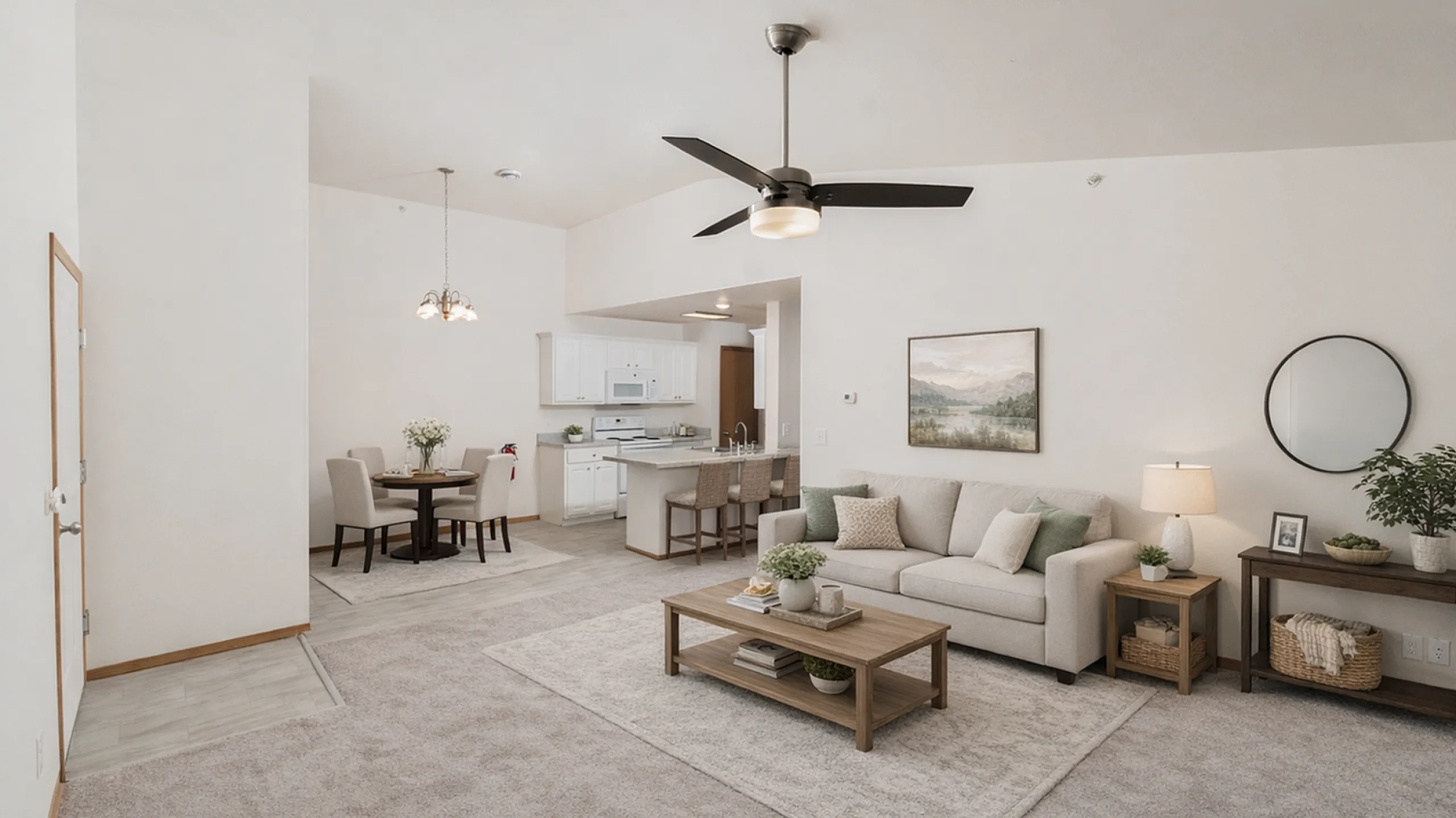 Inviting open-plan living area with cozy seating, elegant dining set, and modern kitchen, perfect for relaxing and entertaining.