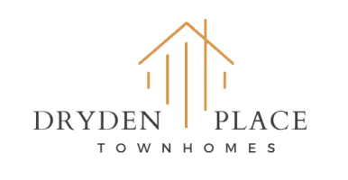 Elegant logo for Dryden Place Townhomes featuring a modern house outline with vertical lines and warm gold accents.