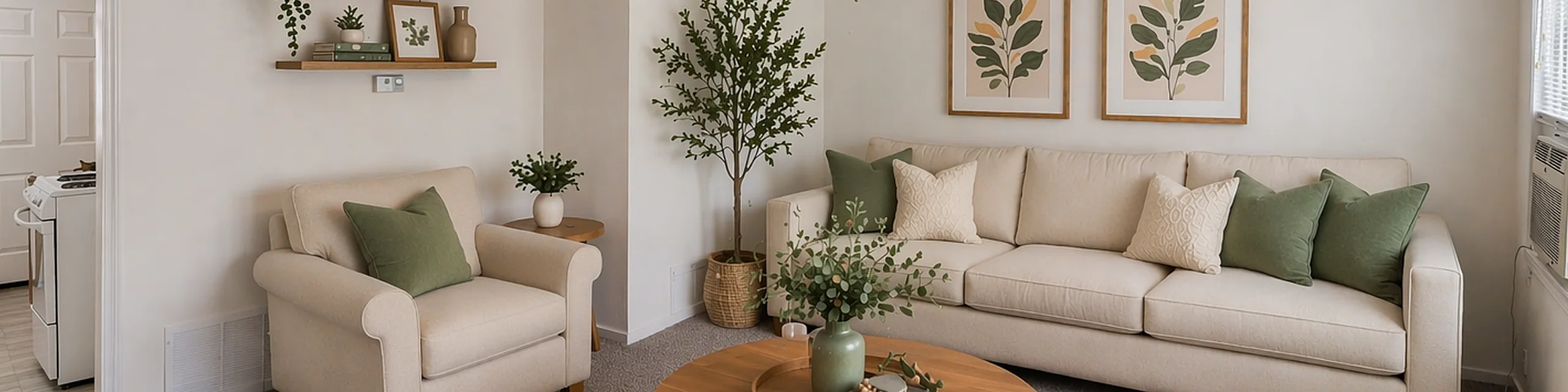 Inviting living room with plush cream sofas, elegant wall art, and a cozy ambiance enhanced by natural light.