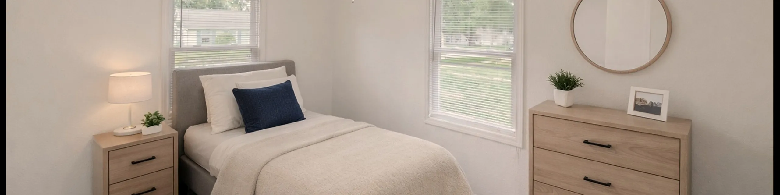 Cozy, well-lit bedroom with modern furniture, featuring a stylish ceiling fan and inviting decor.